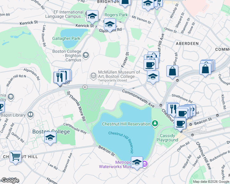 map of restaurants, bars, coffee shops, grocery stores, and more near 2018 Commonwealth Avenue in Boston