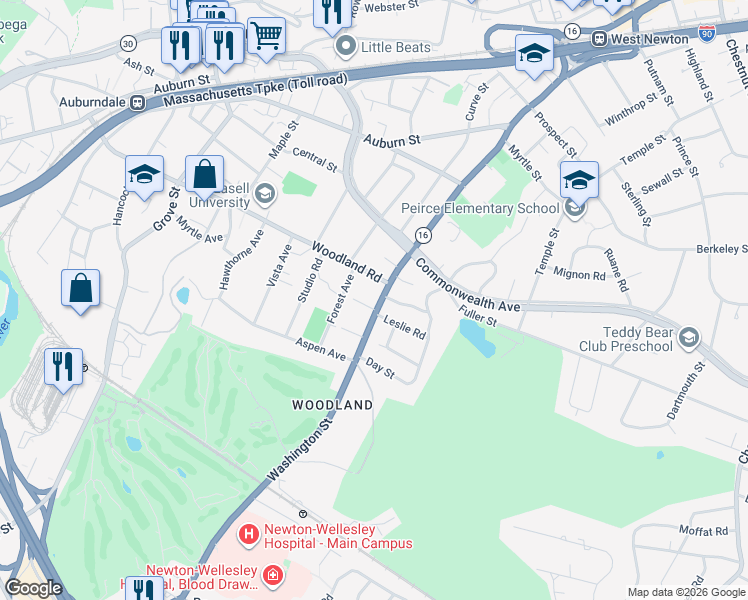 map of restaurants, bars, coffee shops, grocery stores, and more near 14 Leslie Road in Newton