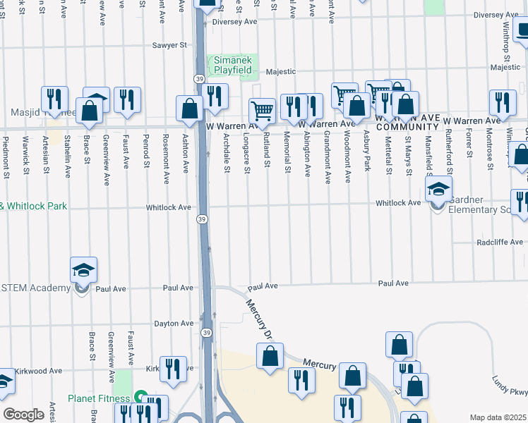 map of restaurants, bars, coffee shops, grocery stores, and more near 6539 Rutland Street in Detroit