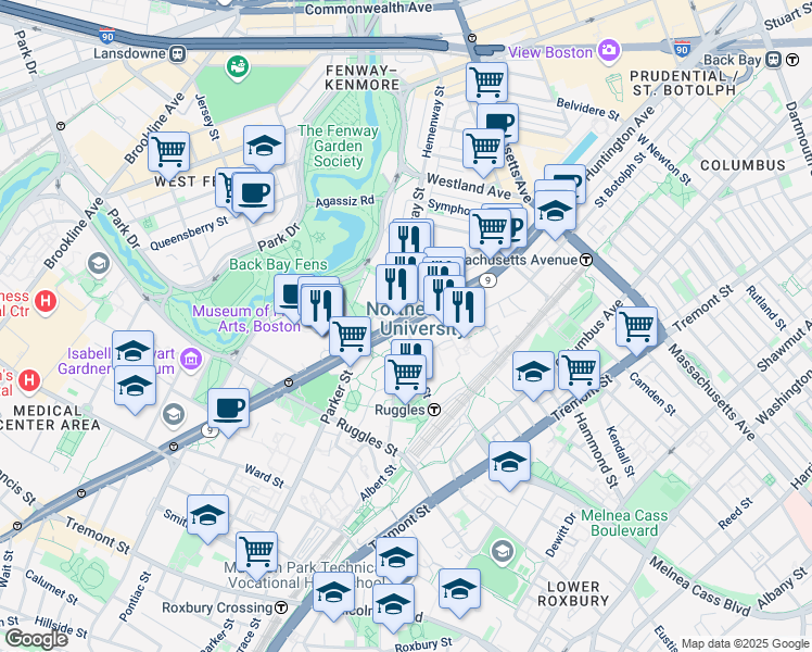 map of restaurants, bars, coffee shops, grocery stores, and more near Huntington Ave & Forsyth St in Boston