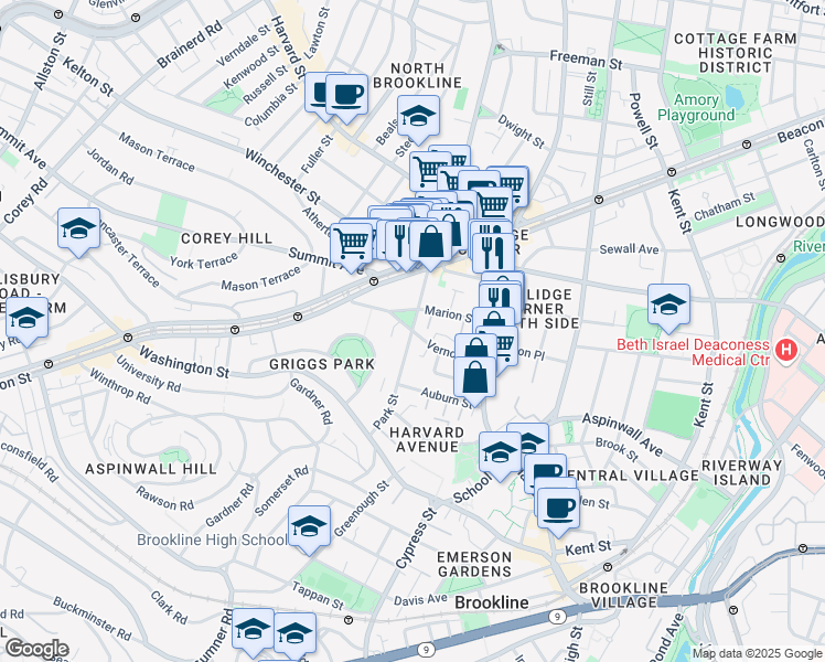 map of restaurants, bars, coffee shops, grocery stores, and more near Park Street & Vernon Street in Brookline