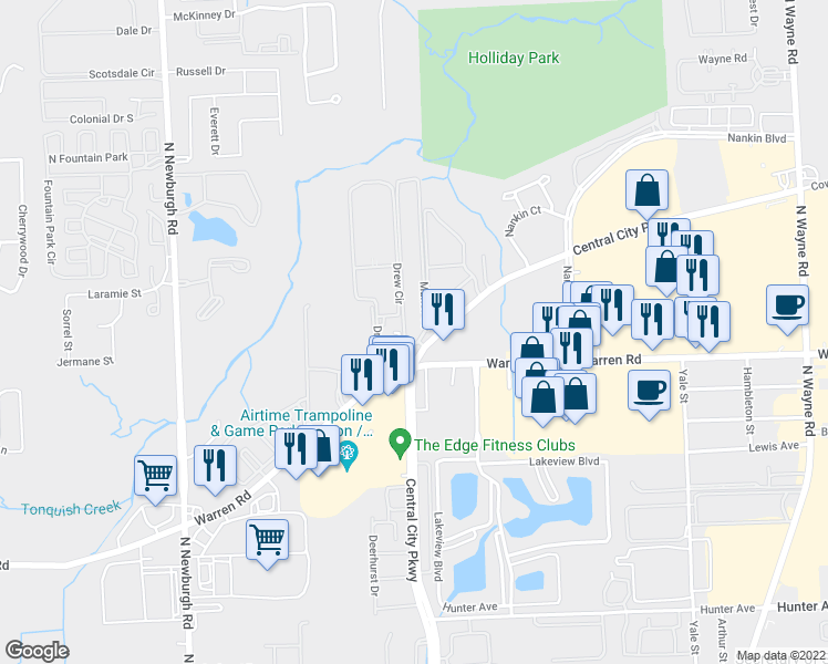 map of restaurants, bars, coffee shops, grocery stores, and more near 7538 Manor Circle in Westland