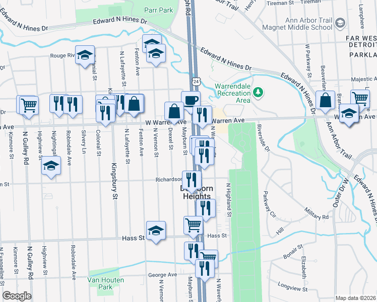 map of restaurants, bars, coffee shops, grocery stores, and more near 6882 Mayburn Street in Dearborn Heights