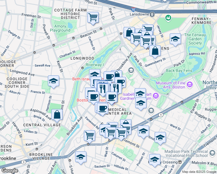 map of restaurants, bars, coffee shops, grocery stores, and more near 330 Brookline Avenue in Boston