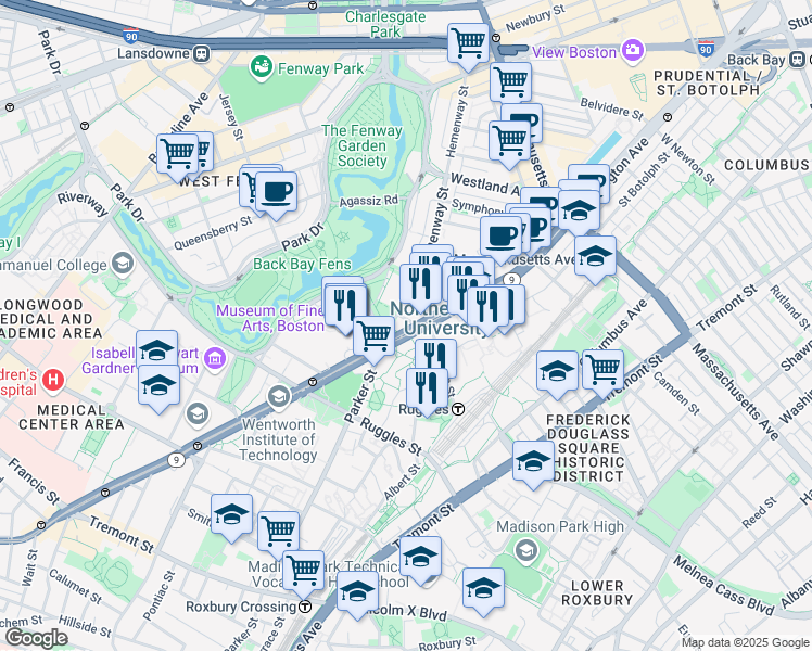 map of restaurants, bars, coffee shops, grocery stores, and more near 416 Huntington Avenue in Boston