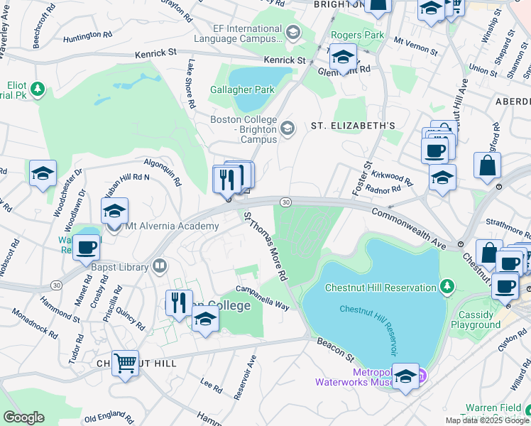 map of restaurants, bars, coffee shops, grocery stores, and more near 2150 Commonwealth Avenue in Boston