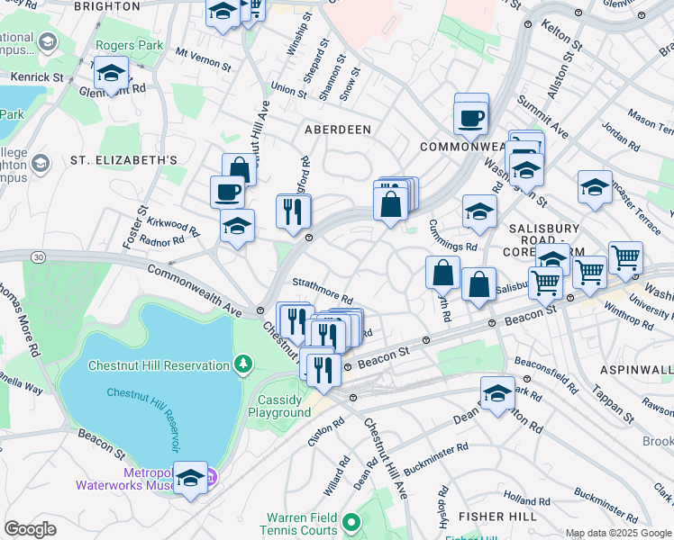 map of restaurants, bars, coffee shops, grocery stores, and more near 61 Selkirk Road in Boston