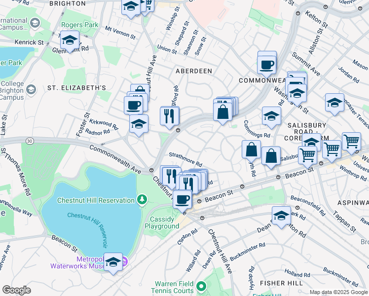 map of restaurants, bars, coffee shops, grocery stores, and more near 104 Strathmore Road in Boston
