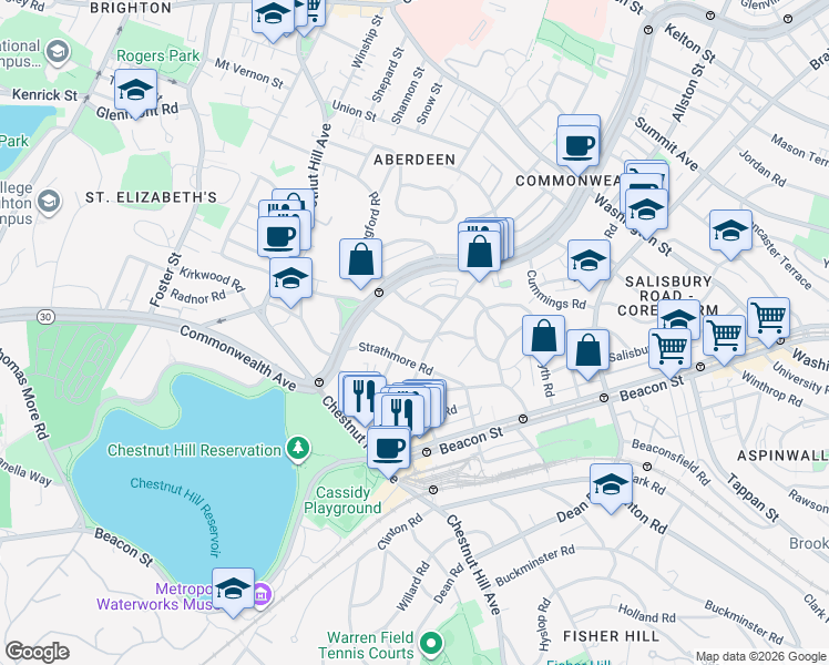 map of restaurants, bars, coffee shops, grocery stores, and more near 61 Selkirk Road in Boston