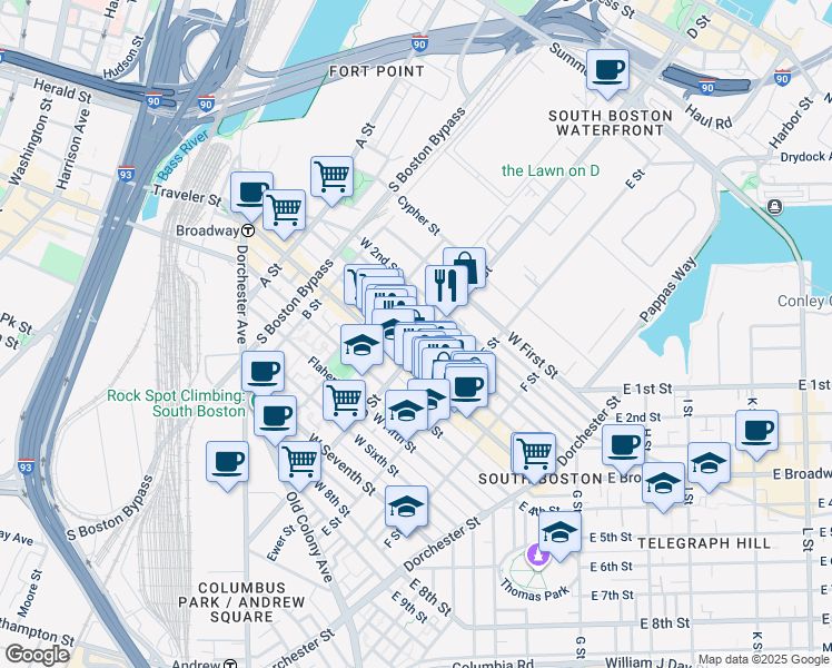 map of restaurants, bars, coffee shops, grocery stores, and more near 272 D Street in Boston