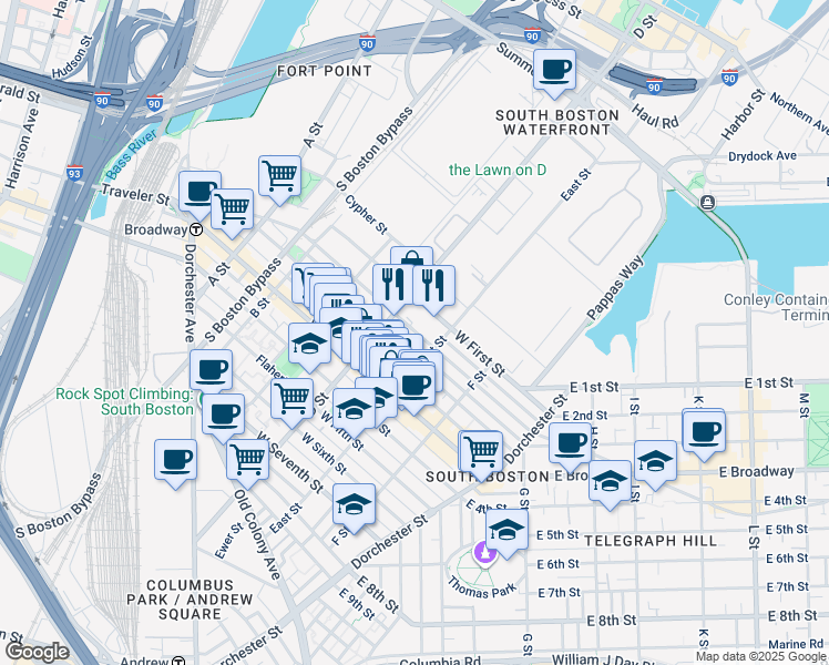 map of restaurants, bars, coffee shops, grocery stores, and more near 227 West 3rd Street in Boston