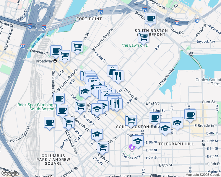 map of restaurants, bars, coffee shops, grocery stores, and more near 227 West 3rd Street in Boston