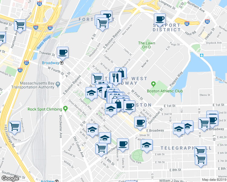 map of restaurants, bars, coffee shops, grocery stores, and more near 227 West 3rd Street in Boston