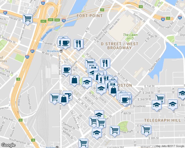 map of restaurants, bars, coffee shops, grocery stores, and more near 27 Linsky Barry Court in Boston