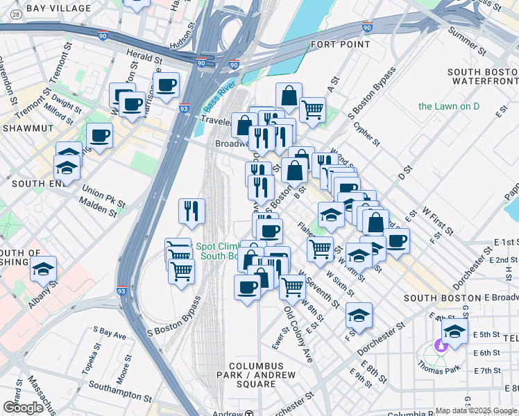 map of restaurants, bars, coffee shops, grocery stores, and more near 2 West Sixth Street in Boston