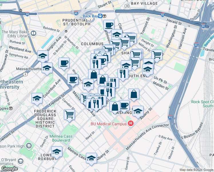 map of restaurants, bars, coffee shops, grocery stores, and more near 5 Haven Street in Boston