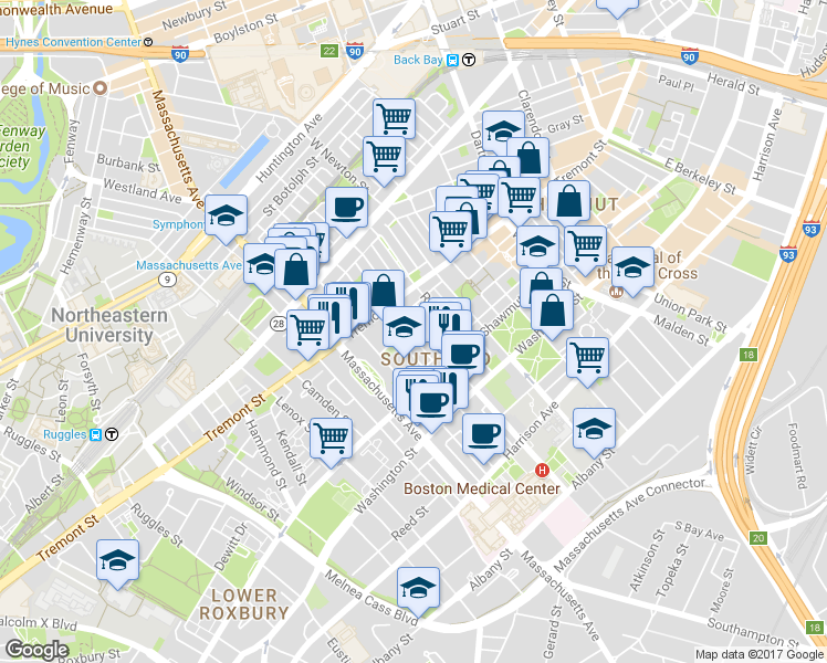 map of restaurants, bars, coffee shops, grocery stores, and more near 57 Worcester Street in Boston