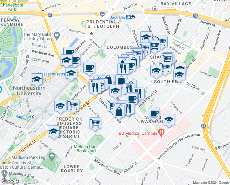 map of restaurants, bars, coffee shops, grocery stores, and more near 57 Worcester Street in Boston