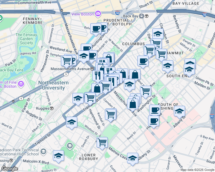 map of restaurants, bars, coffee shops, grocery stores, and more near in Boston