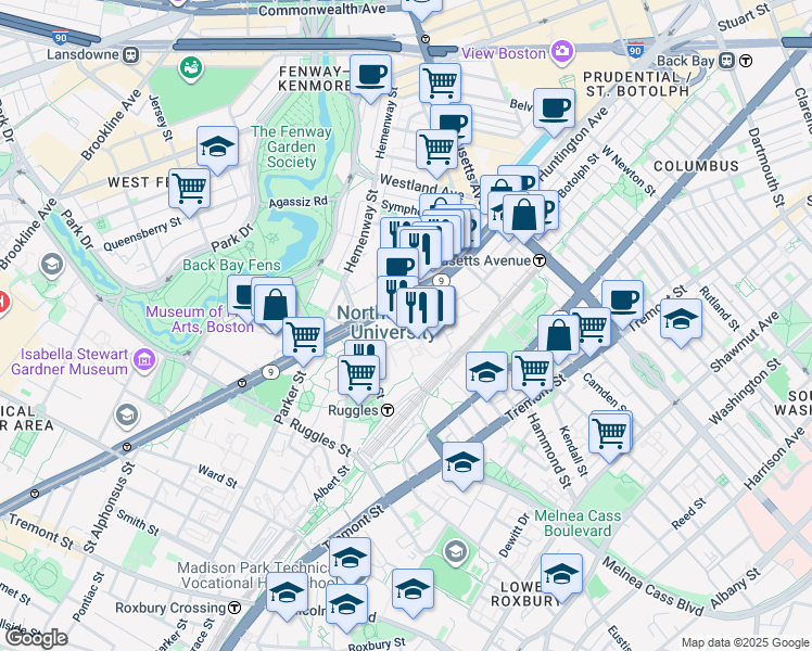 map of restaurants, bars, coffee shops, grocery stores, and more near 360 Huntington Avenue in Boston