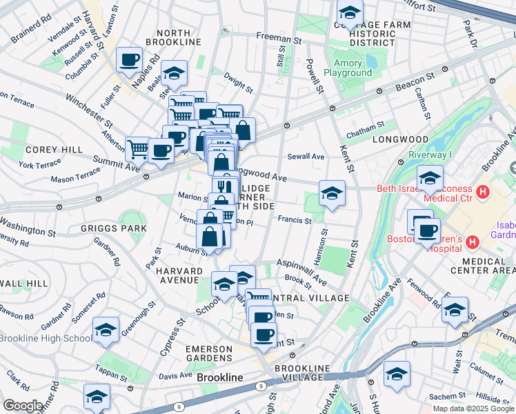 map of restaurants, bars, coffee shops, grocery stores, and more near 36 Alton Place in Brookline