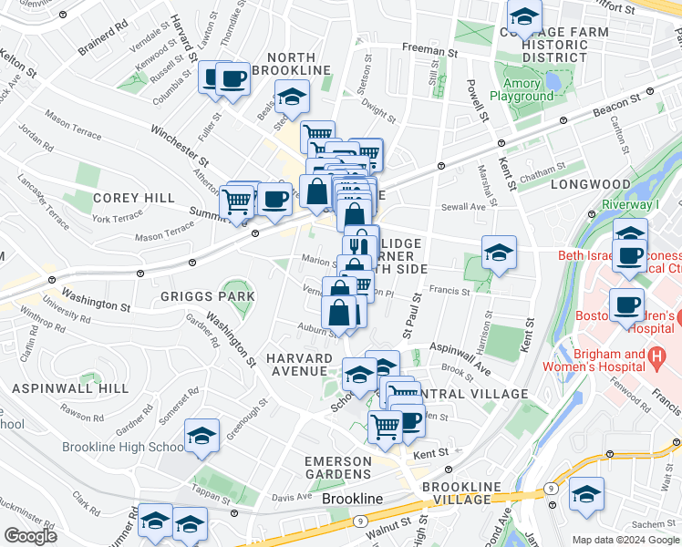 map of restaurants, bars, coffee shops, grocery stores, and more near 181 Harvard Street in Brookline