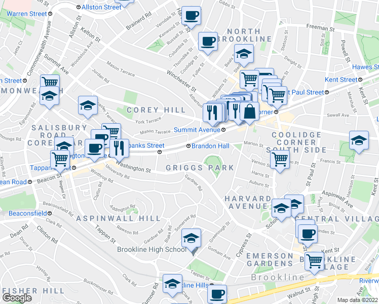 map of restaurants, bars, coffee shops, grocery stores, and more near 75 Griggs Road in Brookline