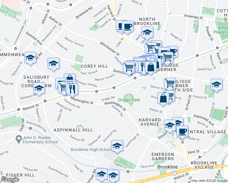 map of restaurants, bars, coffee shops, grocery stores, and more near 75 Griggs Road in Brookline