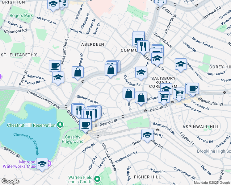 map of restaurants, bars, coffee shops, grocery stores, and more near 16 Lanark Road in Boston