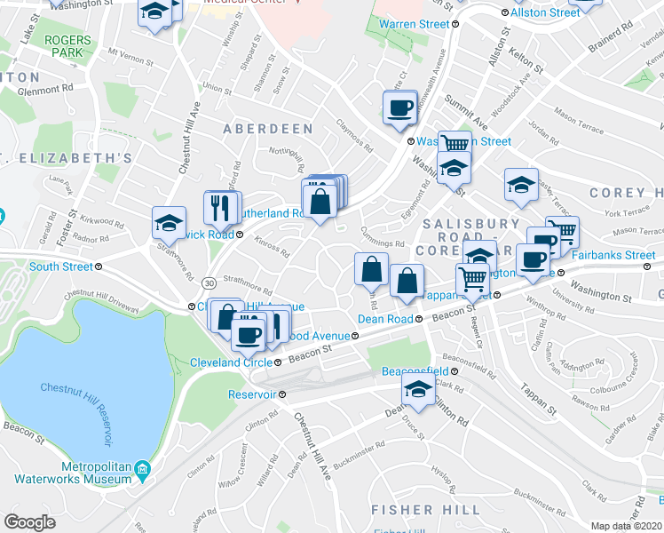map of restaurants, bars, coffee shops, grocery stores, and more near 16 Lanark Road in Boston