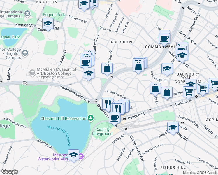 map of restaurants, bars, coffee shops, grocery stores, and more near 104 Strathmore Road in Boston
