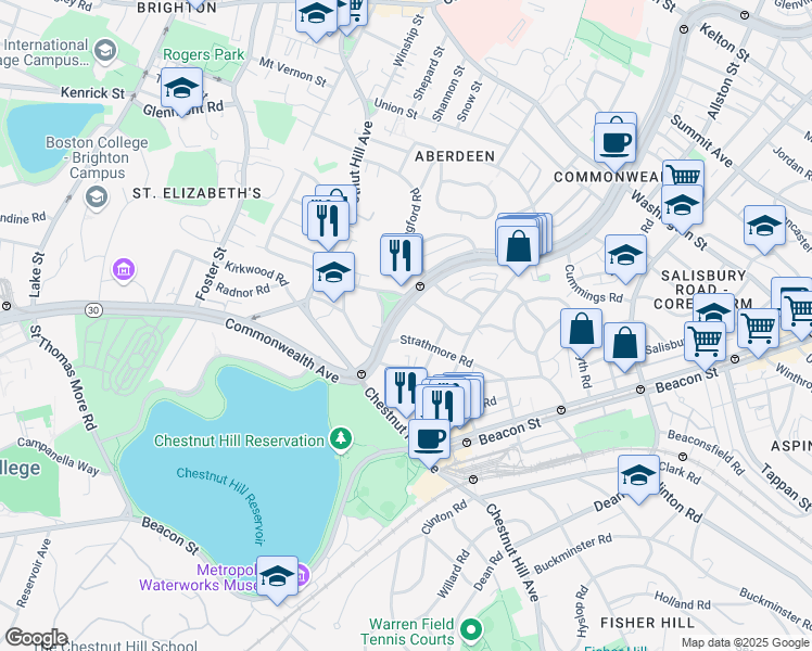 map of restaurants, bars, coffee shops, grocery stores, and more near 104 Strathmore Road in Boston