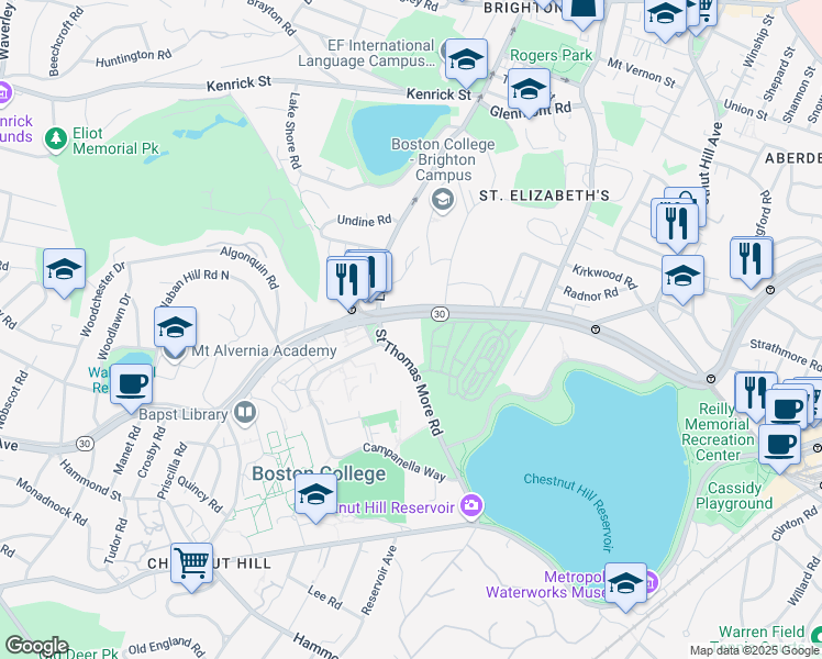 map of restaurants, bars, coffee shops, grocery stores, and more near 150 St Thomas More Rd in Boston