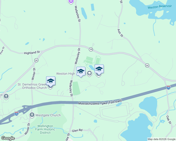 map of restaurants, bars, coffee shops, grocery stores, and more near 444 Wellesley Street in Weston