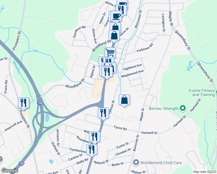 map of restaurants, bars, coffee shops, grocery stores, and more near 1200 West Boylston Street in Worcester