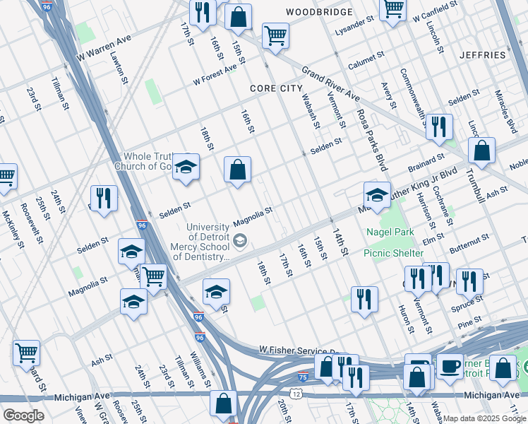 map of restaurants, bars, coffee shops, grocery stores, and more near 3575 17th Street in Detroit