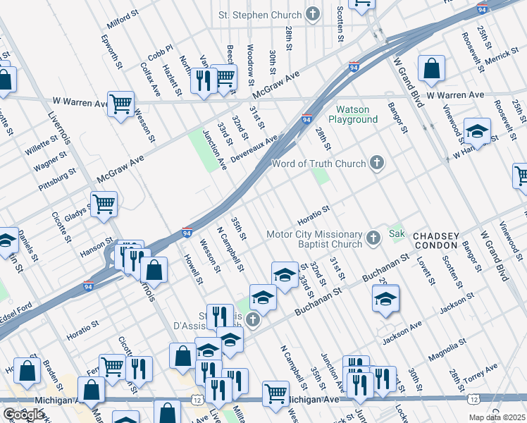 map of restaurants, bars, coffee shops, grocery stores, and more near 4939 33rd Street in Detroit