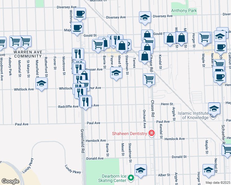 map of restaurants, bars, coffee shops, grocery stores, and more near 6544 Payne Avenue in Dearborn