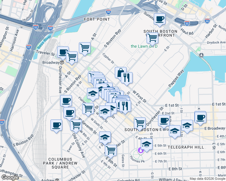 map of restaurants, bars, coffee shops, grocery stores, and more near 227 West 3rd Street in Boston