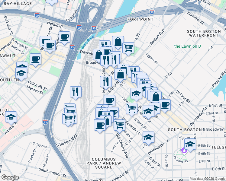 map of restaurants, bars, coffee shops, grocery stores, and more near 2 West Sixth Street in Boston