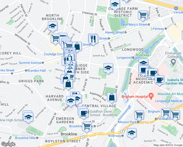 map of restaurants, bars, coffee shops, grocery stores, and more near 80 Francis Street in Brookline