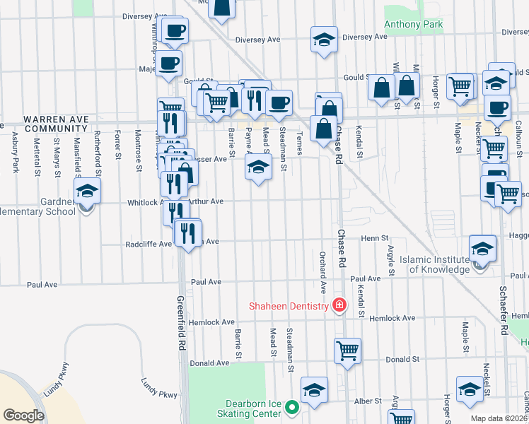 map of restaurants, bars, coffee shops, grocery stores, and more near 6544 Payne Avenue in Dearborn