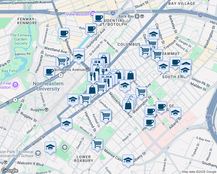 map of restaurants, bars, coffee shops, grocery stores, and more near 777 Tremont Street in Boston