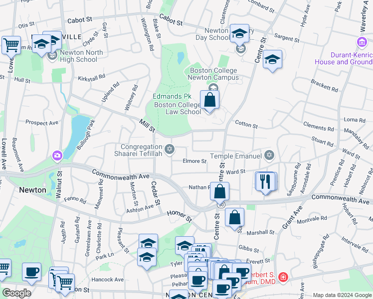 map of restaurants, bars, coffee shops, grocery stores, and more near 20 Applegarth Street in Newton