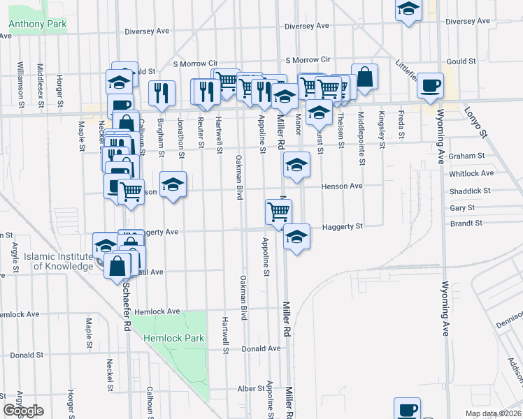map of restaurants, bars, coffee shops, grocery stores, and more near 6510 Appoline Street in Dearborn