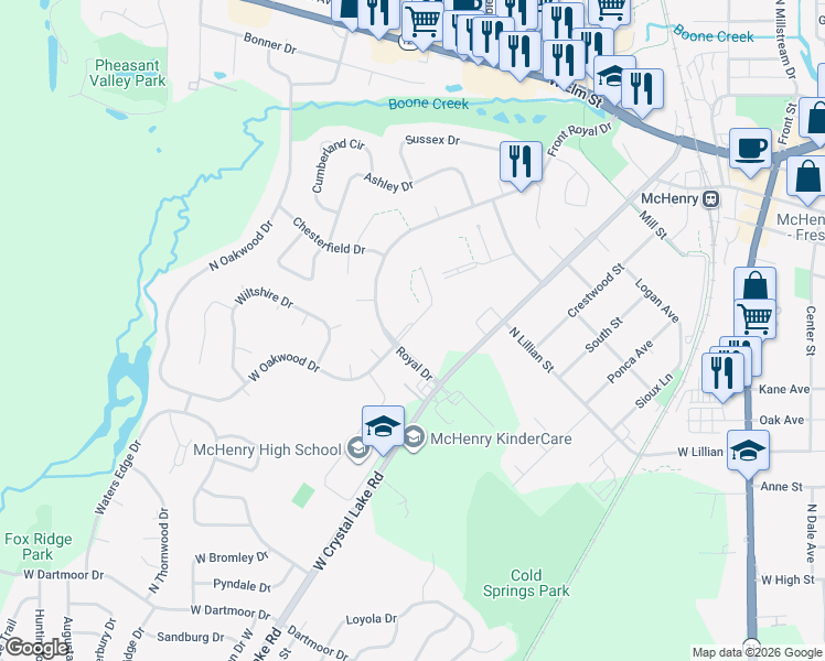map of restaurants, bars, coffee shops, grocery stores, and more near 4714 Northfox Lane in McHenry