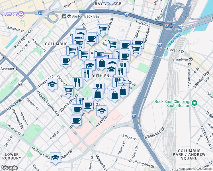 map of restaurants, bars, coffee shops, grocery stores, and more near 607 Harrison Avenue in Boston
