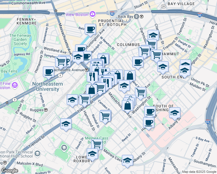 map of restaurants, bars, coffee shops, grocery stores, and more near 775 Tremont Street in Boston