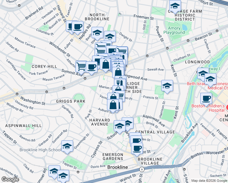map of restaurants, bars, coffee shops, grocery stores, and more near 14 Marion Street in Brookline
