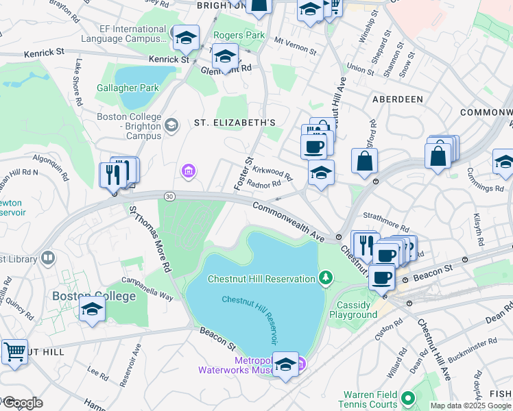 map of restaurants, bars, coffee shops, grocery stores, and more near 2000 Commonwealth Avenue in Boston